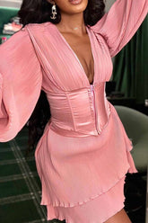 BXOXO - Pleated Deep V Neck Bell Sleeve Dress